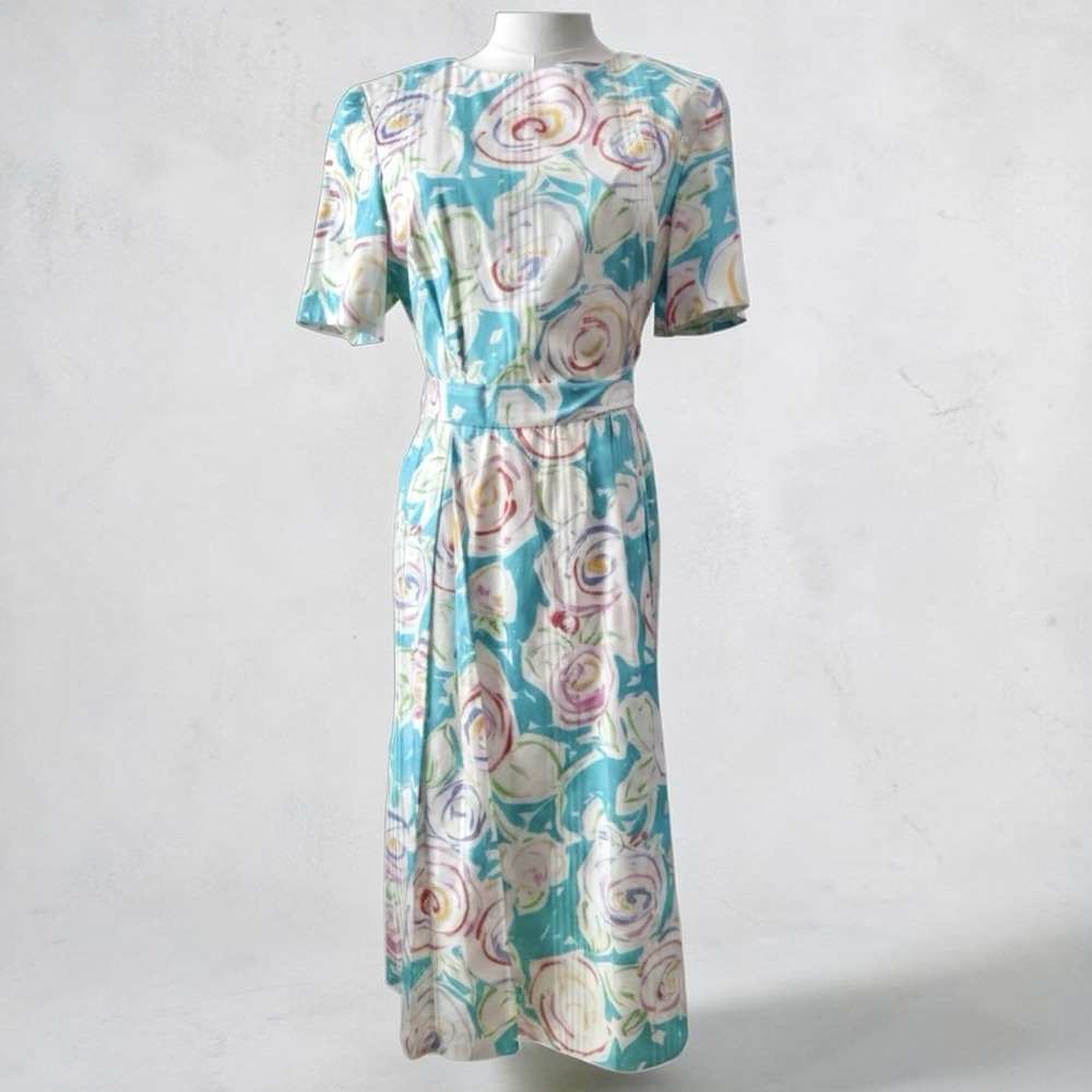 POSH Jay Anderson Dress Womens Abstract Floral Belted Midi Made USA
